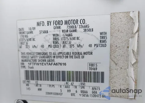 2010 Ford F-150 Fx4/Harley-Davidson/King Ranch/Lariat/Platinum/Xl/Xlt from USA, damaged, VIN 1FTFW1EV7AFA67616